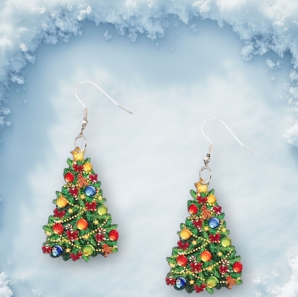 Festive Wooden Christmas Tree Earrings